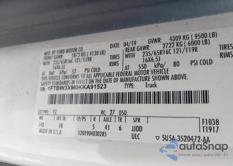 2019 Ford Transit-350 from USA, damaged, VIN 1FTBW3XM0KKA91523